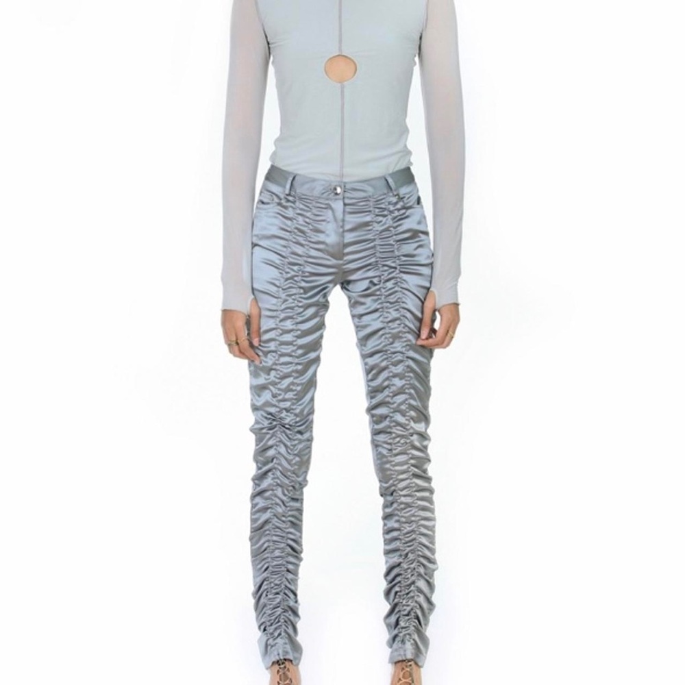Ruching Satin High-Rise Pants - Silver